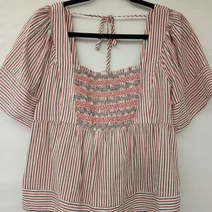 Old Navy Red and White Striped Square-Neck Peplum Blouse
